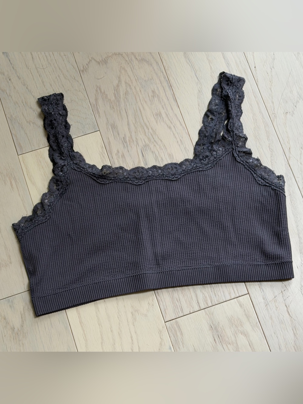 Garage Lace-Trim Ribbed Bralette in Charcoa Gray